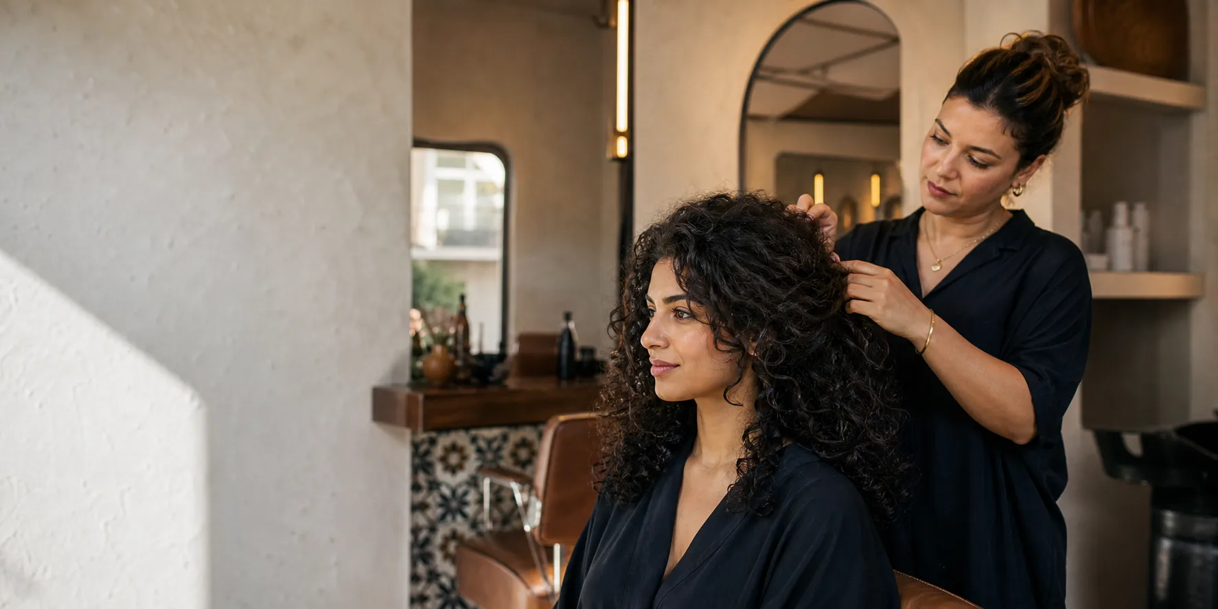 Coiffeuse travaillant des cheveux bouclés dans un salon contemporain au Maroc